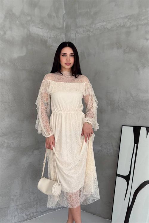 Neşeli butik kadın bej transparan dantel detaylı tül midi elbise --- NBK4571 