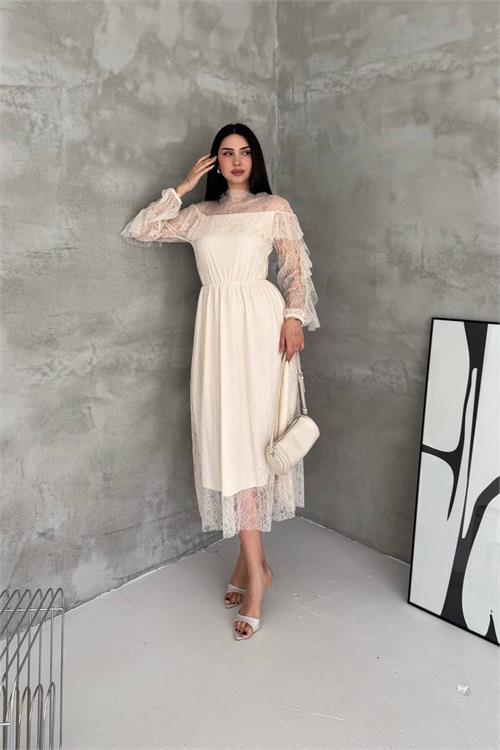 Neşeli butik kadın bej transparan dantel detaylı tül midi elbise --- NBK4571 