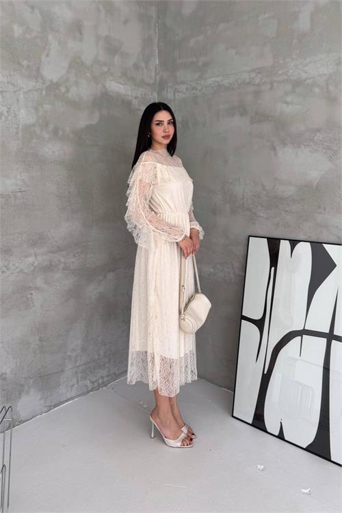 Neşeli butik kadın bej transparan dantel detaylı tül midi elbise --- NBK4571 