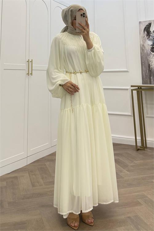 Neşeli butik kadın beyaz balon kol astarlı kuşak detaylı şifon tesettür elbise ---- NMS095 