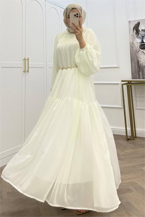 Neşeli butik kadın beyaz balon kol astarlı kuşak detaylı şifon tesettür elbise ---- NMS095 