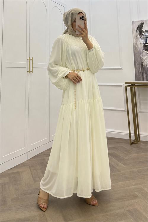 Neşeli butik kadın beyaz balon kol astarlı kuşak detaylı şifon tesettür elbise ---- NMS095 