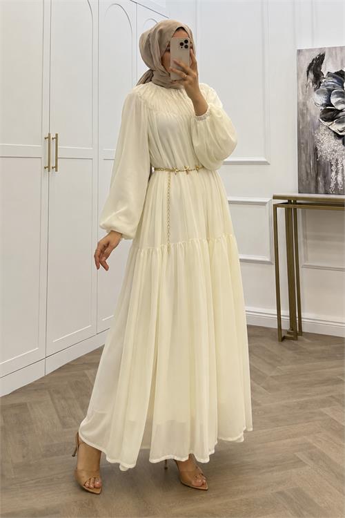 Neşeli butik kadın beyaz balon kol astarlı kuşak detaylı şifon tesettür elbise ---- NMS095 