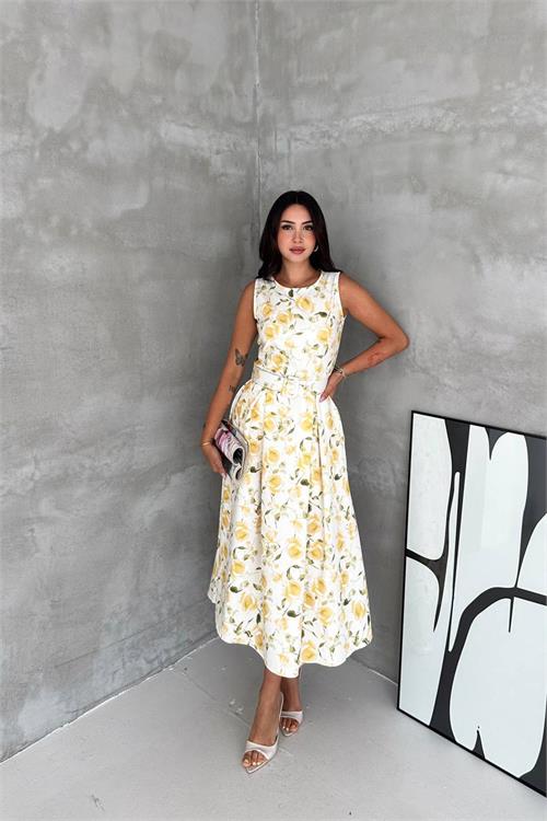 Neşeli butik kadın beyaz çiçek desenli kolsuz midi boy kloş kemerli elbise NBK4645 