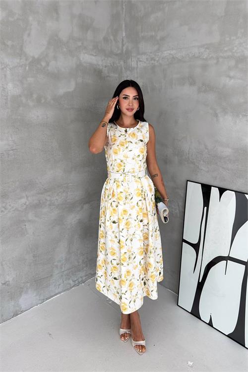 Neşeli butik kadın beyaz çiçek desenli kolsuz midi boy kloş kemerli elbise NBK4645 