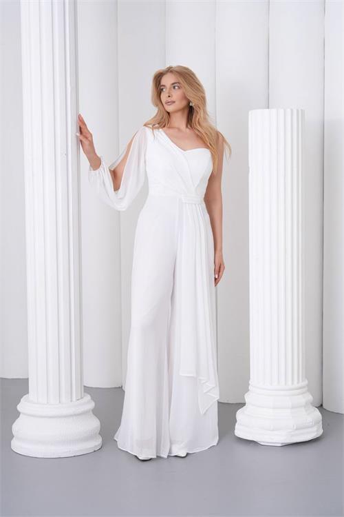 Neşeli butik kadın beyaz tek kol astarlı tül kumaş tasarım abiye tulum NBS9389 