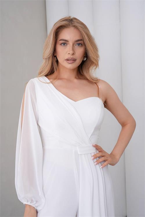 Neşeli butik kadın beyaz tek kol astarlı tül kumaş tasarım abiye tulum NBS9389 