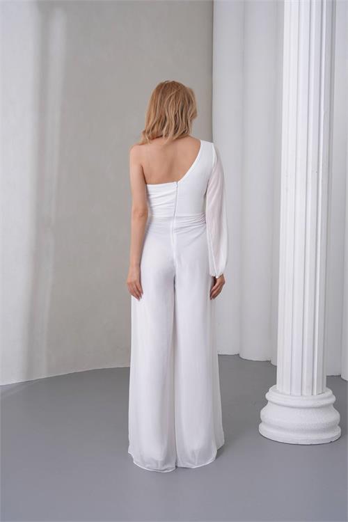 Neşeli butik kadın beyaz tek kol astarlı tül kumaş tasarım abiye tulum NBS9389 