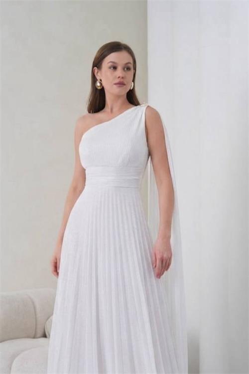 Neşeli butik kadın beyaz tek omuz tokalı drape detaylı ışıltılı tül kumaş abiye elbise --- NBS9388 