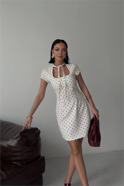 Neşeli butik kadın beyaz yaka bağlama detaylı kare yaka puantiye desenli mini elbise --- NBG130 