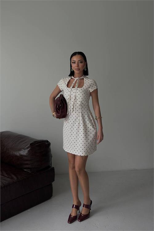 Neşeli butik kadın beyaz yaka bağlama detaylı kare yaka puantiye desenli mini elbise --- NBG130 