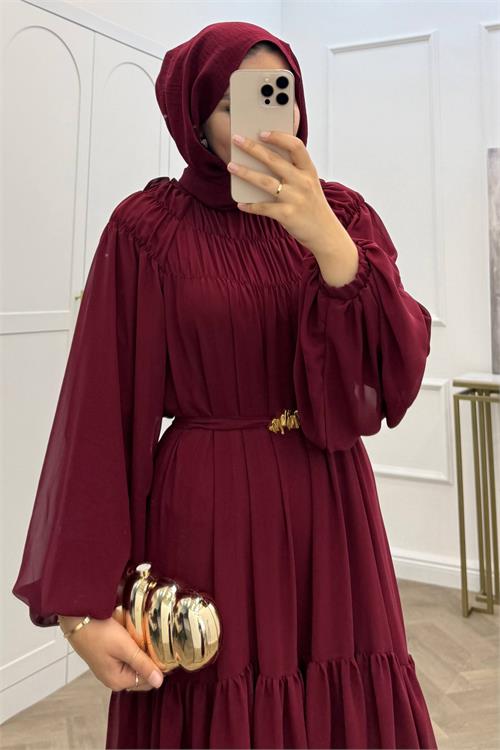 Neşeli butik kadın bordo balon kol astarlı kuşak detaylı şifon tesettür elbise ---- NMS095 