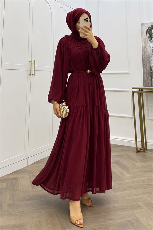 Neşeli butik kadın bordo balon kol astarlı kuşak detaylı şifon tesettür elbise ---- NMS095 