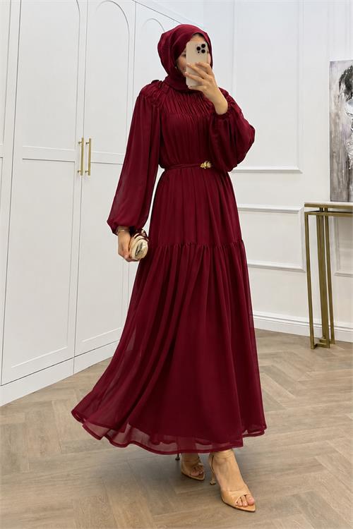 Neşeli butik kadın bordo balon kol astarlı kuşak detaylı şifon tesettür elbise ---- NMS095 
