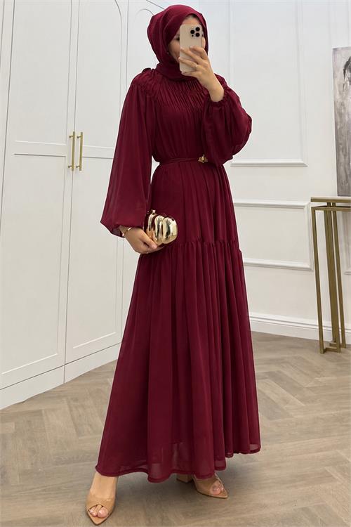 Neşeli butik kadın bordo balon kol astarlı kuşak detaylı şifon tesettür elbise ---- NMS095 