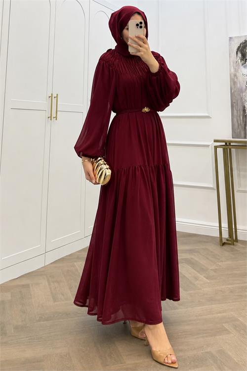 Neşeli butik kadın bordo balon kol astarlı kuşak detaylı şifon tesettür elbise ---- NMS095 