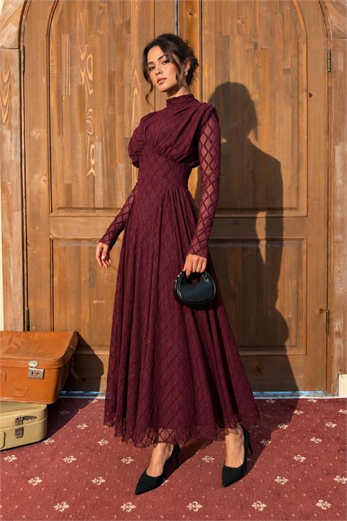 Neşeli butik kadın bordo dik yaka vatkalı ışıltılı tam boy elbise NBMY4184 