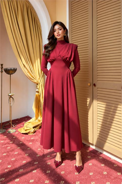 Neşeli butik kadın bordo dik yaka vatkalı krep kumaş boyun bağlamalı elbise NBMY4158 