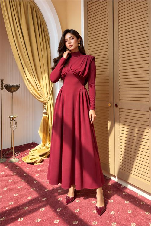 Neşeli butik kadın bordo dik yaka vatkalı krep kumaş boyun bağlamalı elbise NBMY4158 