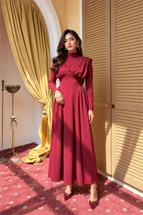 Neşeli butik kadın bordo dik yaka vatkalı krep kumaş boyun bağlamalı elbise NBMY4158 