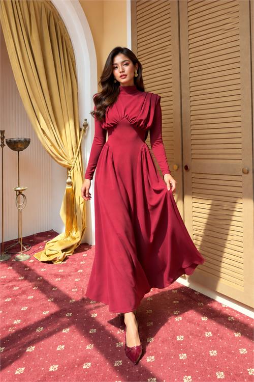 Neşeli butik kadın bordo dik yaka vatkalı krep kumaş boyun bağlamalı elbise NBMY4158 