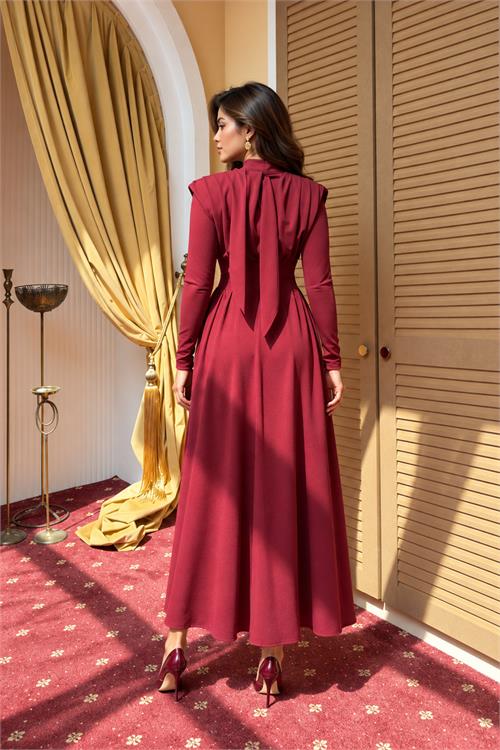 Neşeli butik kadın bordo dik yaka vatkalı krep kumaş boyun bağlamalı elbise NBMY4158 