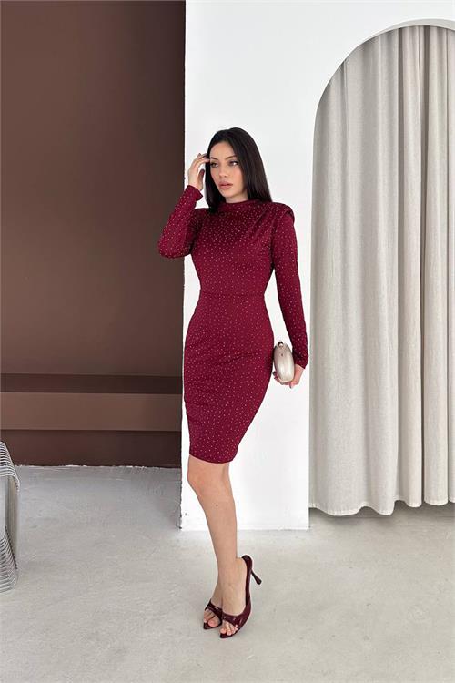 Neşeli butik kadın bordo dik yaka vatkalı taş detaylı mini elbise NBK5001 