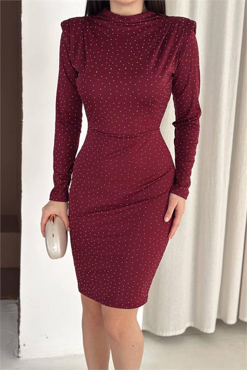 Neşeli butik kadın bordo dik yaka vatkalı taş detaylı mini elbise NBK5001 