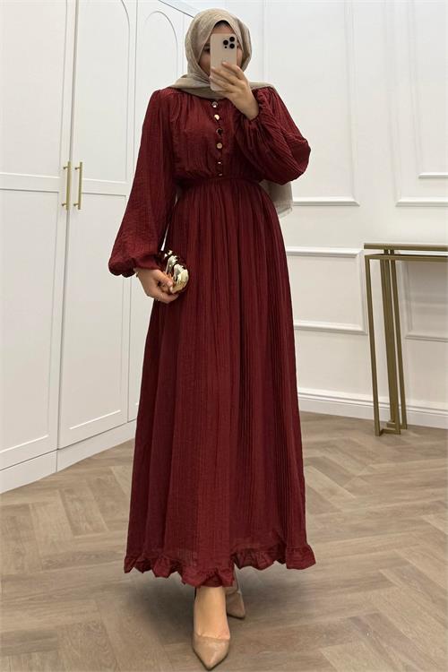Neşeli butik kadın bordo eteği fırfırlı düğme detaylı pamuklu salaş tesettür elbise NMS086 