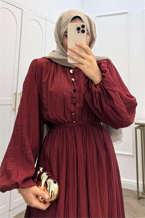 Neşeli butik kadın bordo eteği fırfırlı düğme detaylı pamuklu salaş tesettür elbise NMS086 