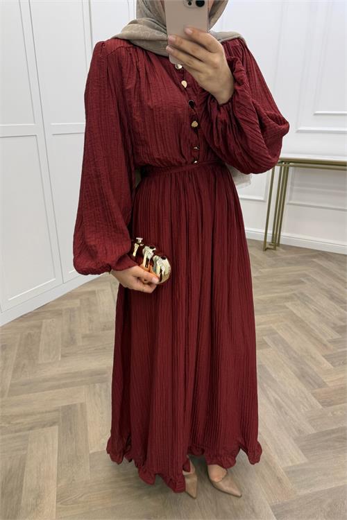Neşeli butik kadın bordo eteği fırfırlı düğme detaylı pamuklu salaş tesettür elbise NMS086 
