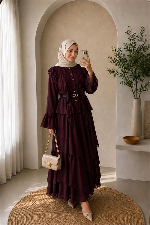 Neşeli butik kadın bordo fırfır detaylı üst kat kat volanlı etek ikili tesettür takım ---NBVQ3159 