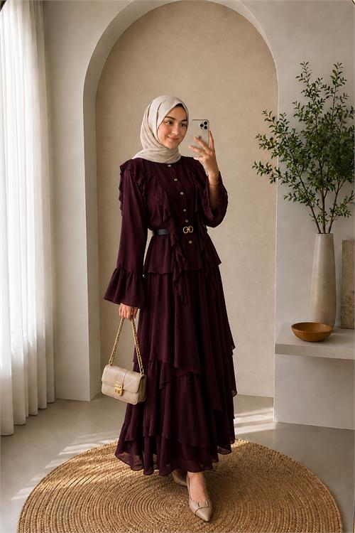 Neşeli butik kadın bordo fırfır detaylı üst kat kat volanlı etek ikili tesettür takım ---NBVQ3159 