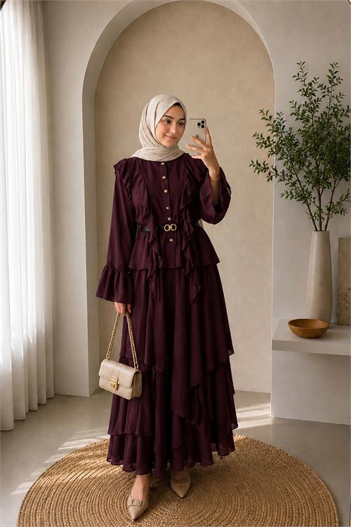 Neşeli butik kadın bordo fırfır detaylı üst kat kat volanlı etek ikili tesettür takım ---NBVQ3159 