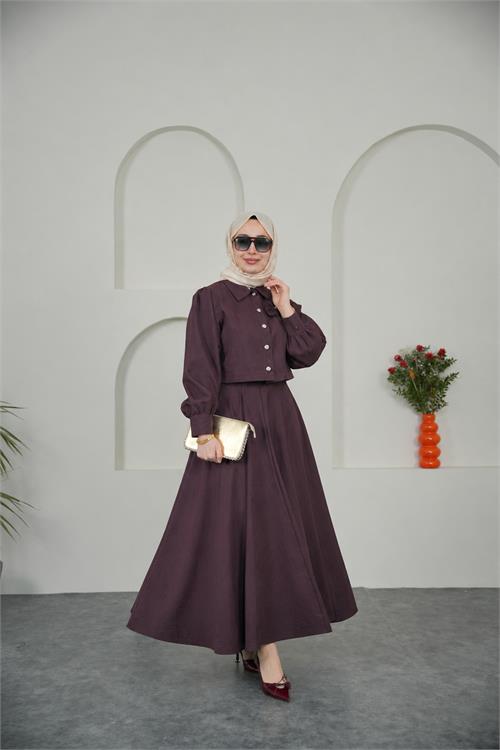 Neşeli butik kadın bordo fiyonk aksesuarlı düğme detaylı etekli tesettür takım --- NBVQ3128 