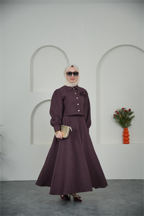 Neşeli butik kadın bordo fiyonk aksesuarlı düğme detaylı etekli tesettür takım --- NBVQ3128 