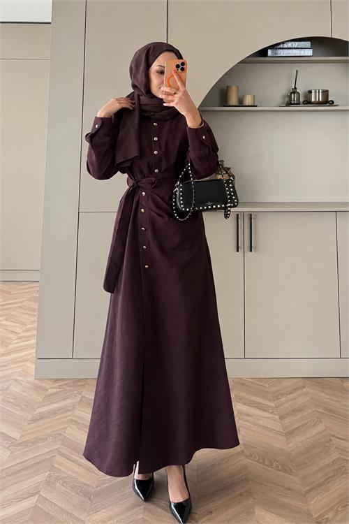 Neşeli butik kadın bordo gold düğme detaylı anvelop tesettür elbise NMS091 