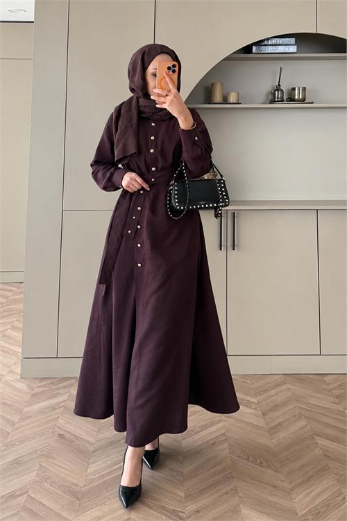 Neşeli butik kadın bordo gold düğme detaylı anvelop tesettür elbise NMS091 