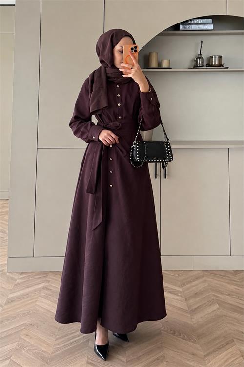 Neşeli butik kadın bordo gold düğme detaylı anvelop tesettür elbise NMS091 