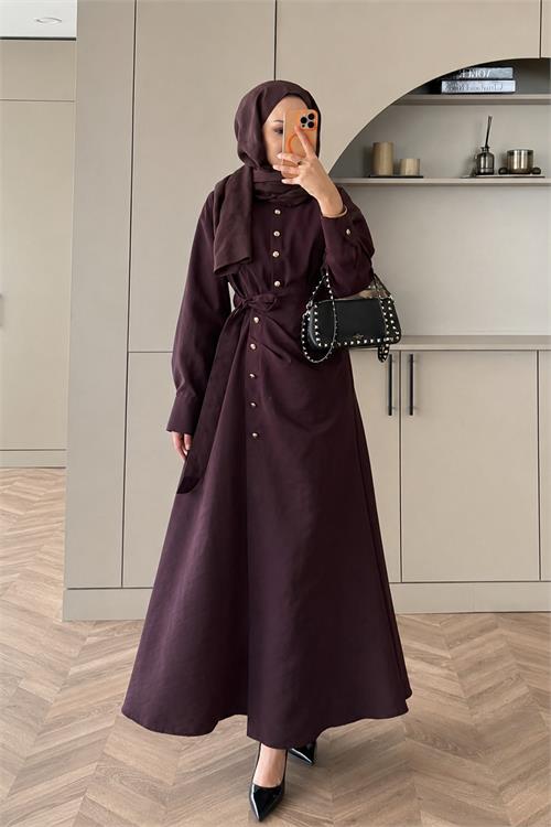 Neşeli butik kadın bordo gold düğme detaylı anvelop tesettür elbise NMS091 