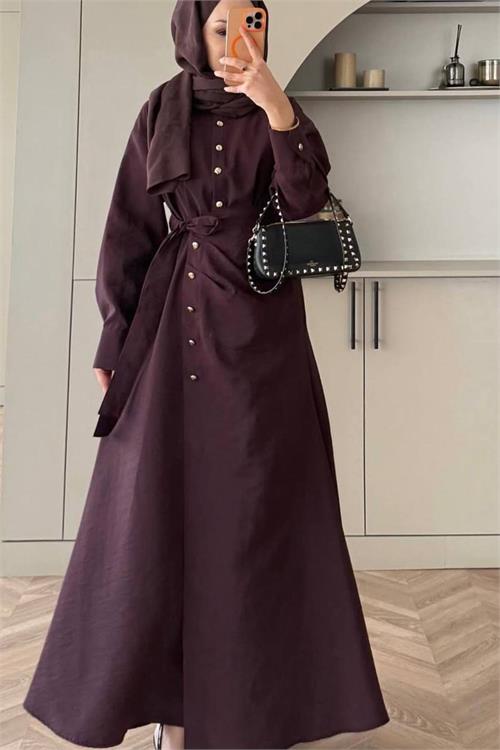 Neşeli butik kadın bordo gold düğme detaylı anvelop tesettür elbise NMS091 