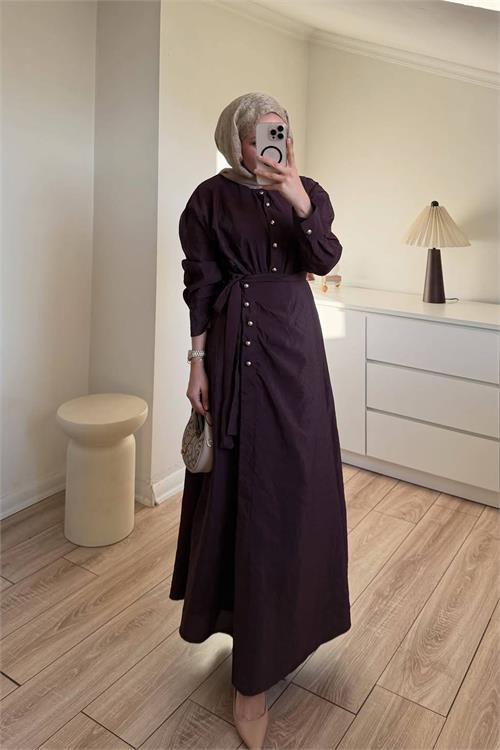 Neşeli butik kadın bordo gold düğme detaylı anvelop tesettür elbise NMS091 