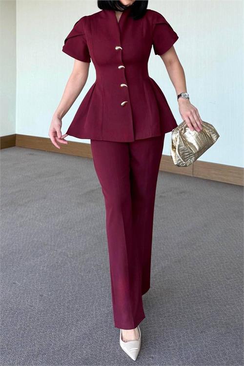 Neşeli butik kadın bordo gold düğme detaylı peplum kesim premium takım NBSTR4423 