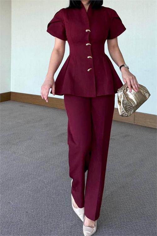 Neşeli butik kadın bordo gold düğme detaylı peplum kesim premium takım NBSTR4423 