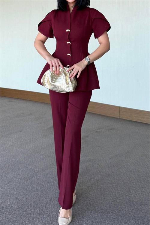Neşeli butik kadın bordo gold düğme detaylı peplum kesim premium takım NBSTR4423 