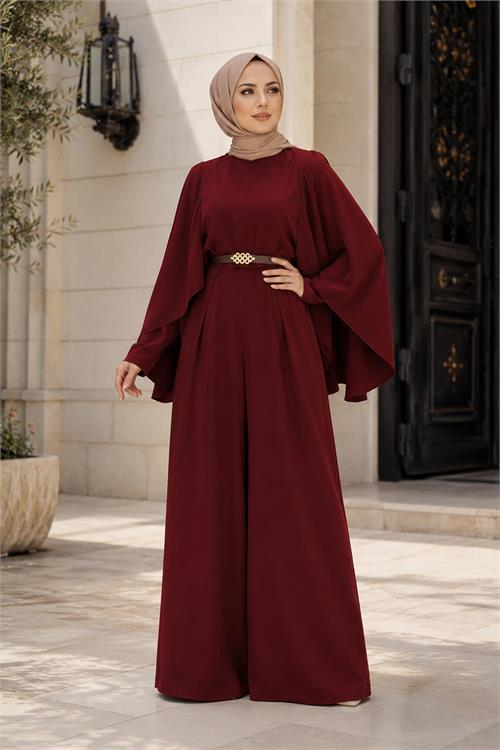 Neşeli butik kadın bordo gold kemer detaylı çıkarılabilir pelerinli krep kumaş tesettür tulum NBTLM001 