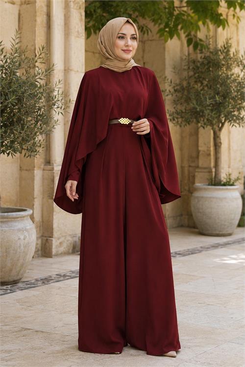 Neşeli butik kadın bordo gold kemer detaylı çıkarılabilir pelerinli krep kumaş tesettür tulum NBTLM001 