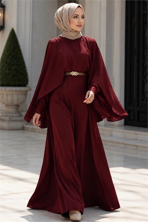 Neşeli butik kadın bordo gold kemer detaylı çıkarılabilir pelerinli krep kumaş tesettür tulum NBTLM001 