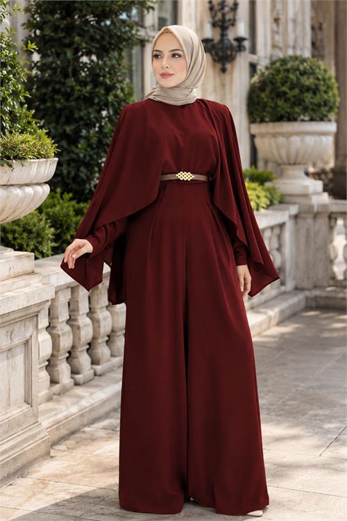 Neşeli butik kadın bordo gold kemer detaylı çıkarılabilir pelerinli krep kumaş tesettür tulum NBTLM001 