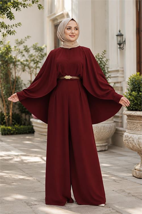 Neşeli butik kadın bordo gold kemer detaylı çıkarılabilir pelerinli krep kumaş tesettür tulum NBTLM001 
